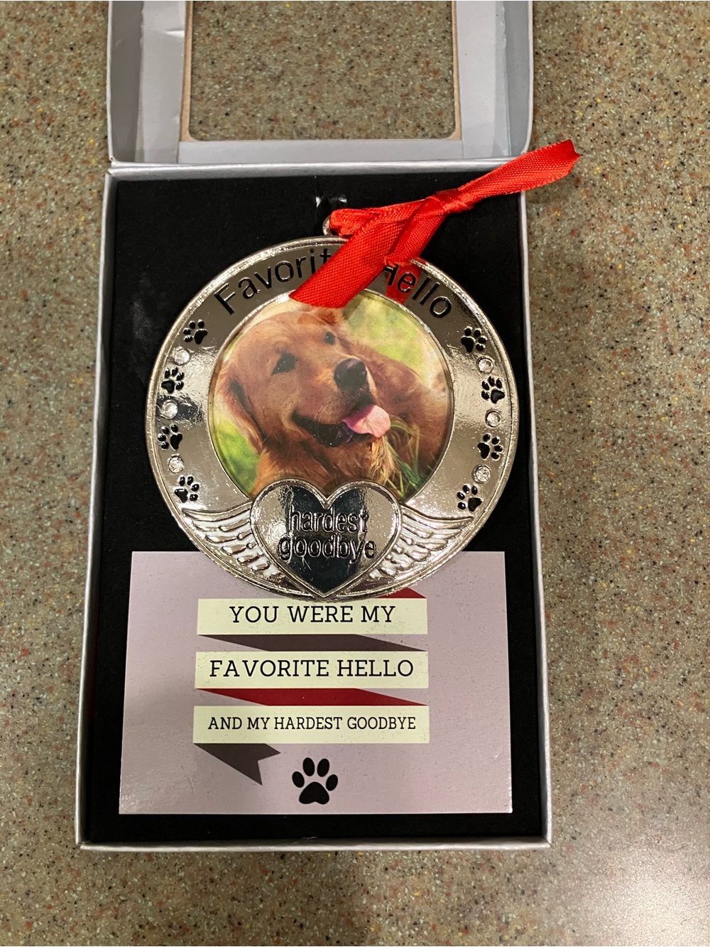 Pet Memorial Ornament for Dogs with Red Ribbon - Silver